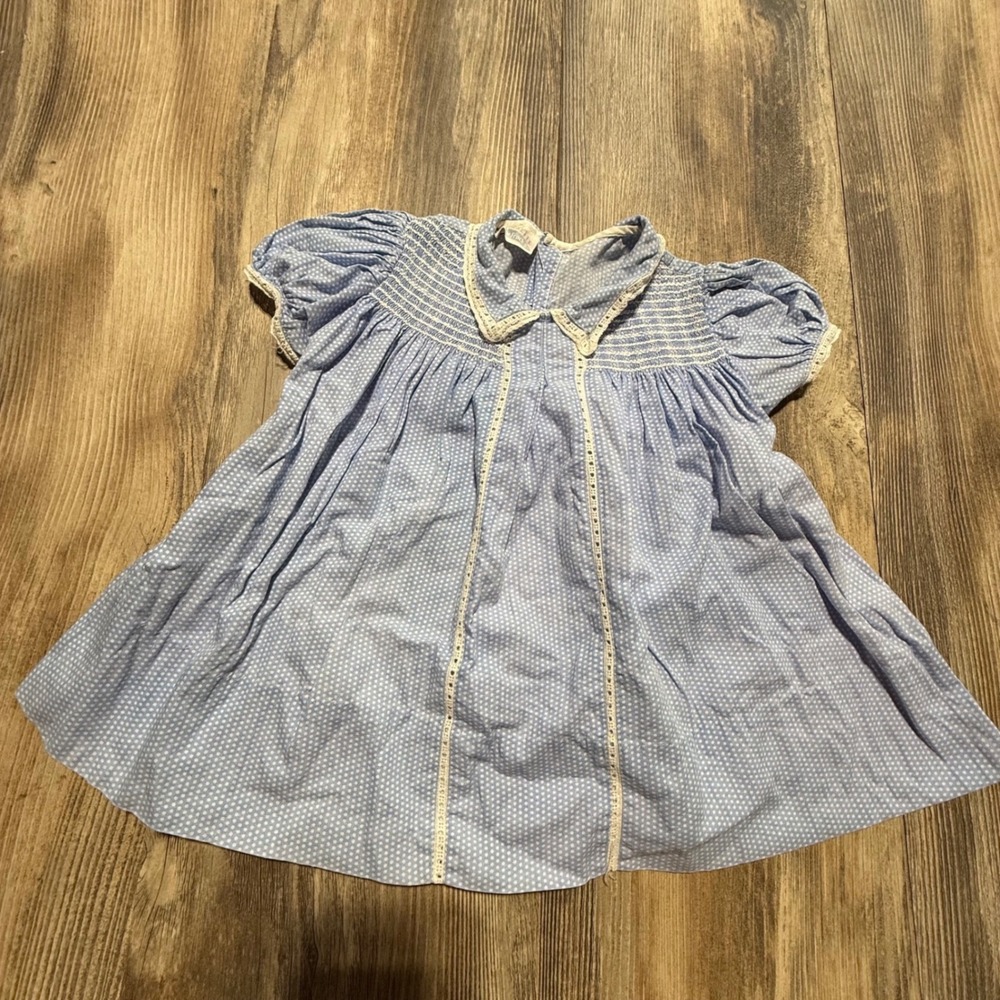Vintage 70s Nanette Babe Frocks Smocked Dress Blue Polka Dot Cottagecore